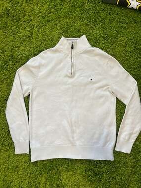Tommy Hilfiger Men's Cotton Quarter-Zip Mock Neck Sweater White